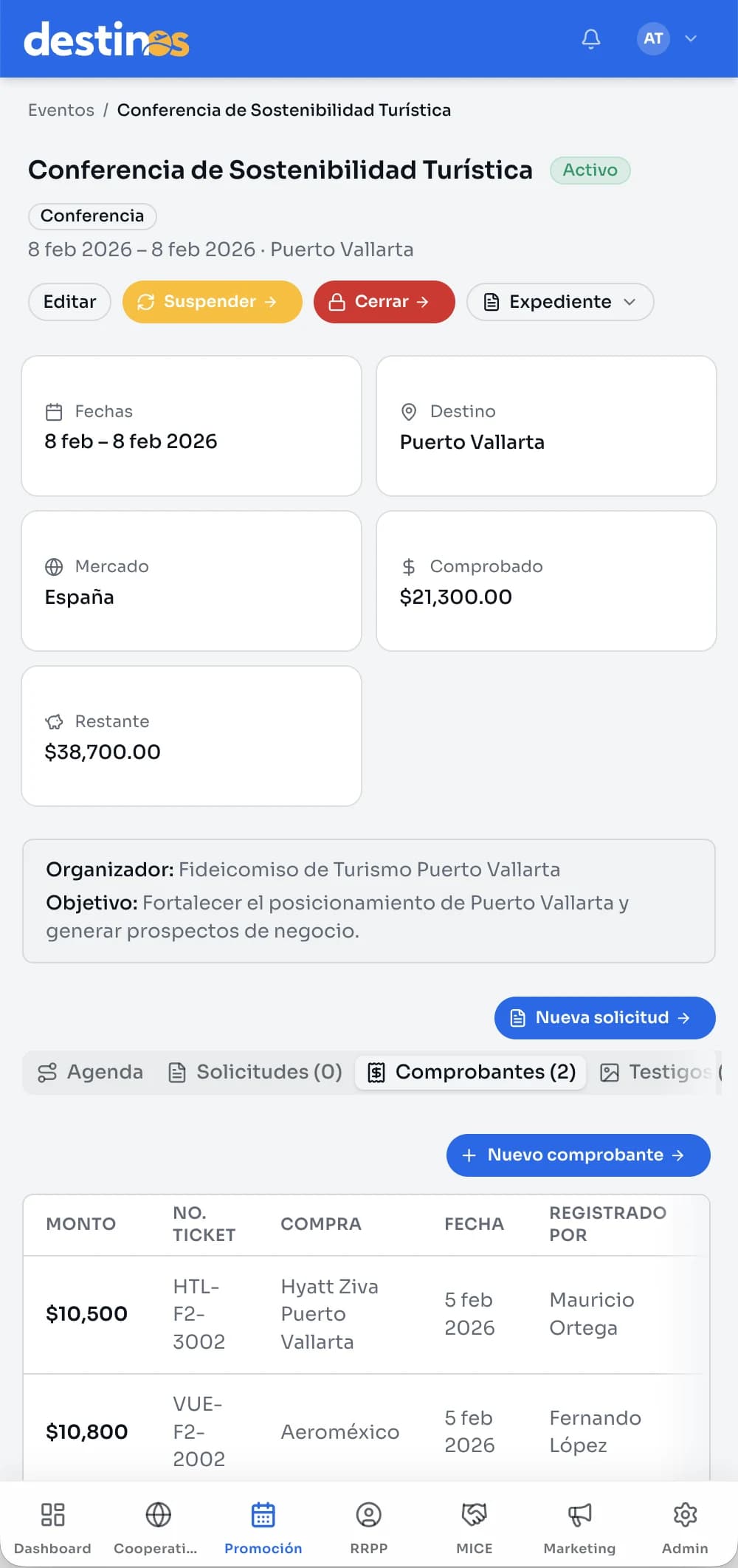 Panel del agente en el celular: evento, viáticos comprobados y comprobantes